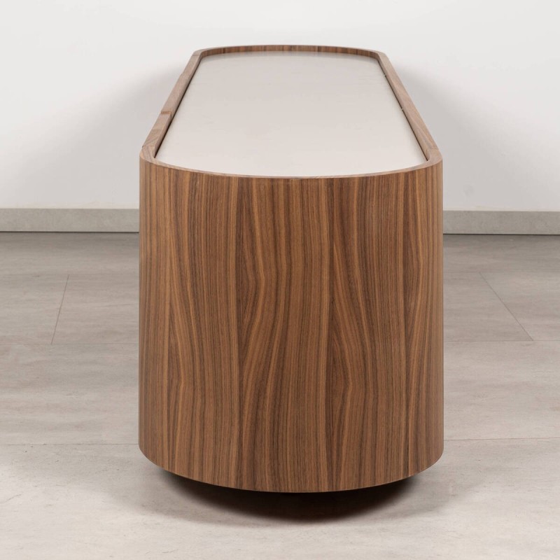 Antea TV unit in walnut with rounded design and ivory lacquered top