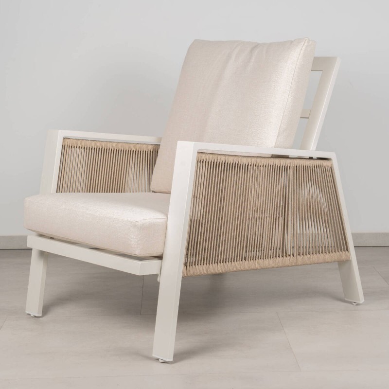 Tavira Outdoor Armchair, White Lacquered Aluminum and Sand Textilene Rope