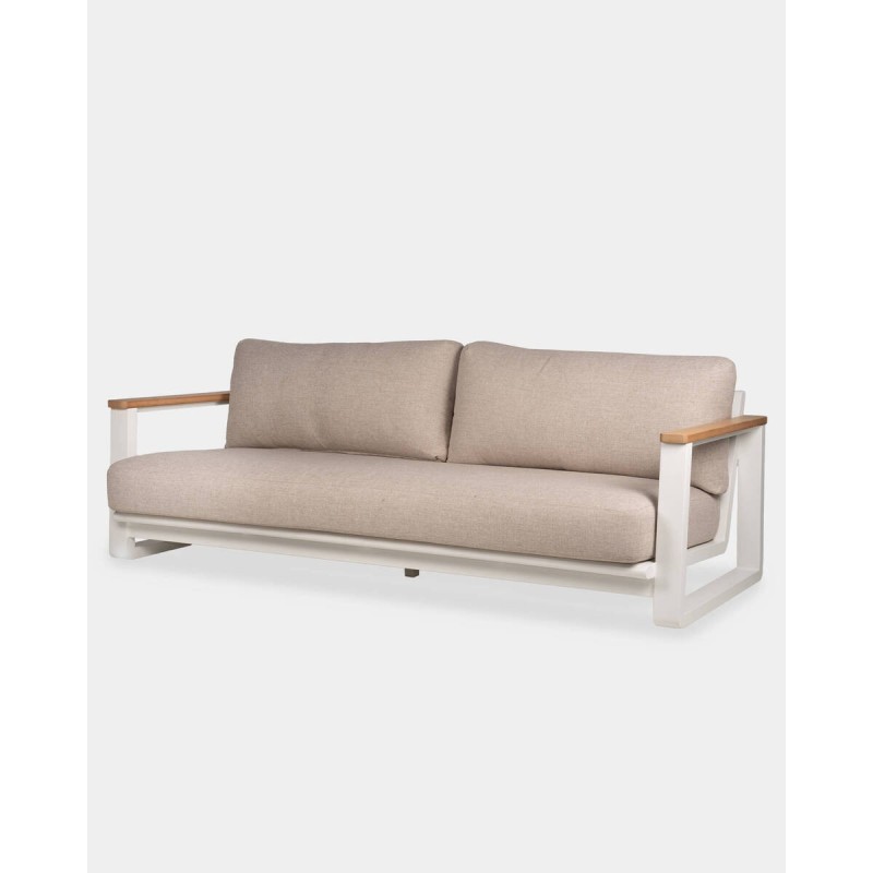 Sofá 3 plazas nappa de aluminio blanco y cojines beige 210cm