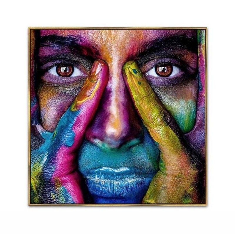 Photograph of a woman's face, multicolored, 82.5 x 82.5 cm