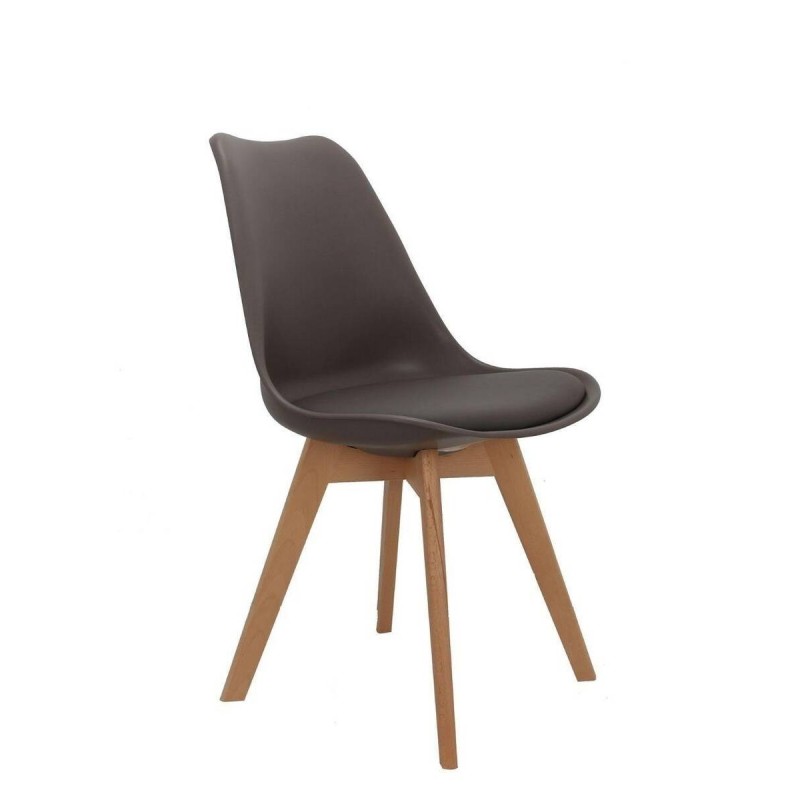 Dining chair with cushion upholstered in grey faux leather and natural beech wood legs 49x52x82cm
