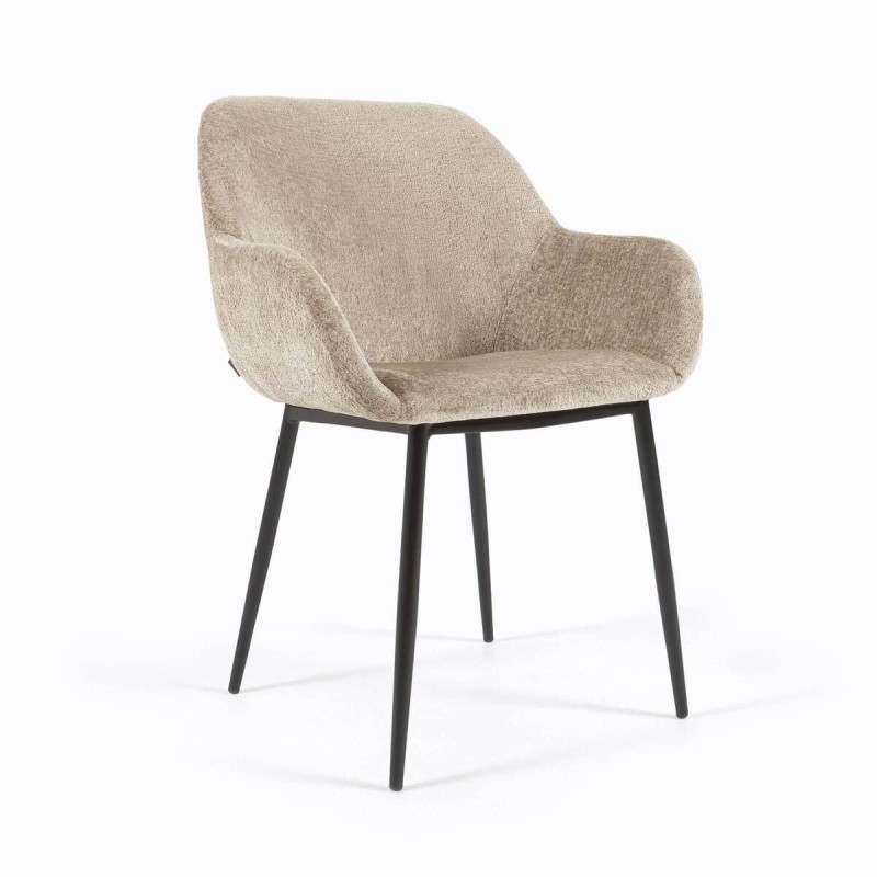 Silla konna de chenilla beige con patas de acero con acabado pintado negro 83x59x55cm