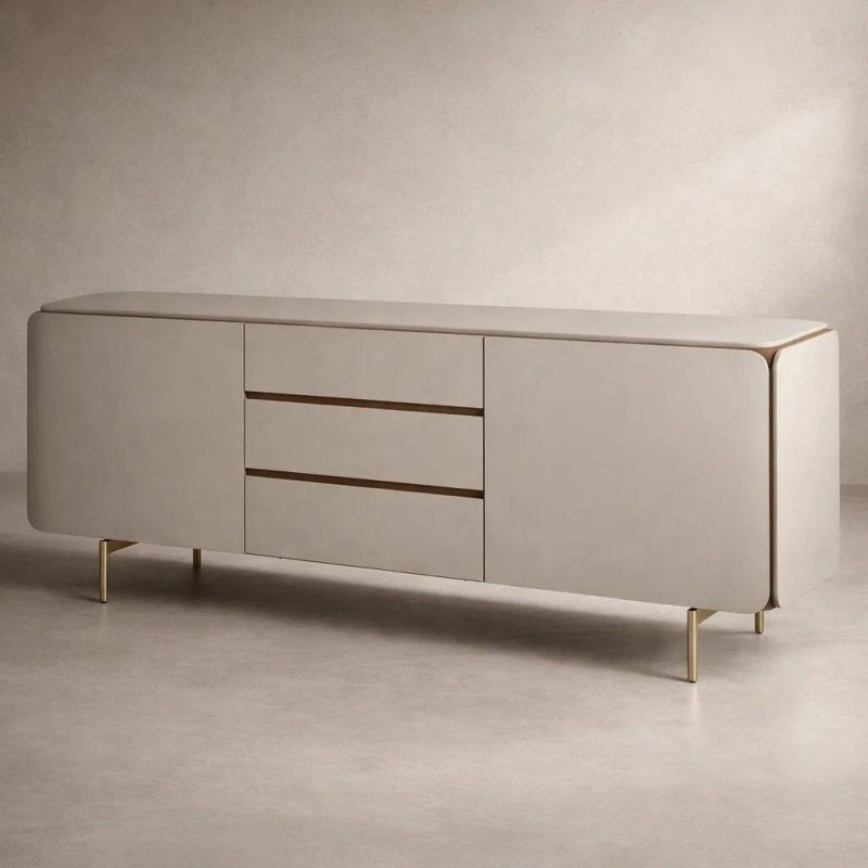 Beige lacquered sideboard with walnut details 184x41.5x81cm
