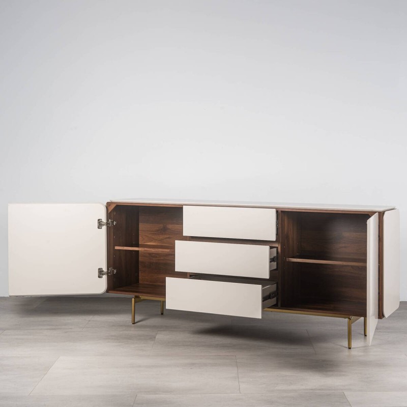 Beige lacquered sideboard with walnut details 184x41.5x81cm