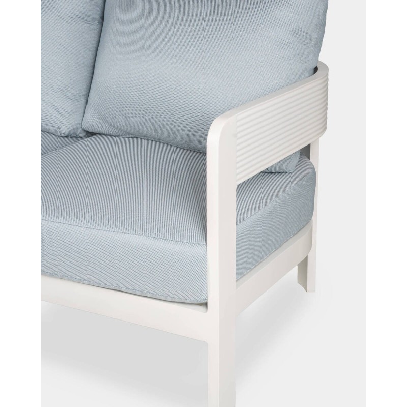 White aluminum ripple sofa with blue cushions 209x75x78cm