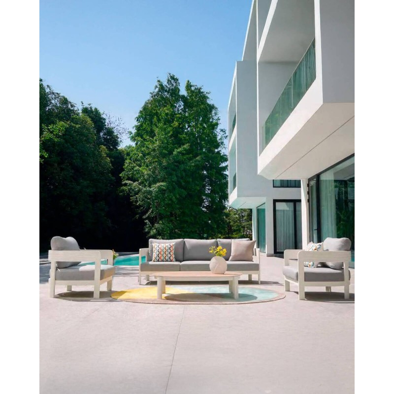 White aluminum ripple sofa with blue cushions 209x75x78cm