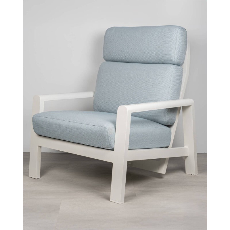 Santos armchair, white aluminum, high back and blue cushions