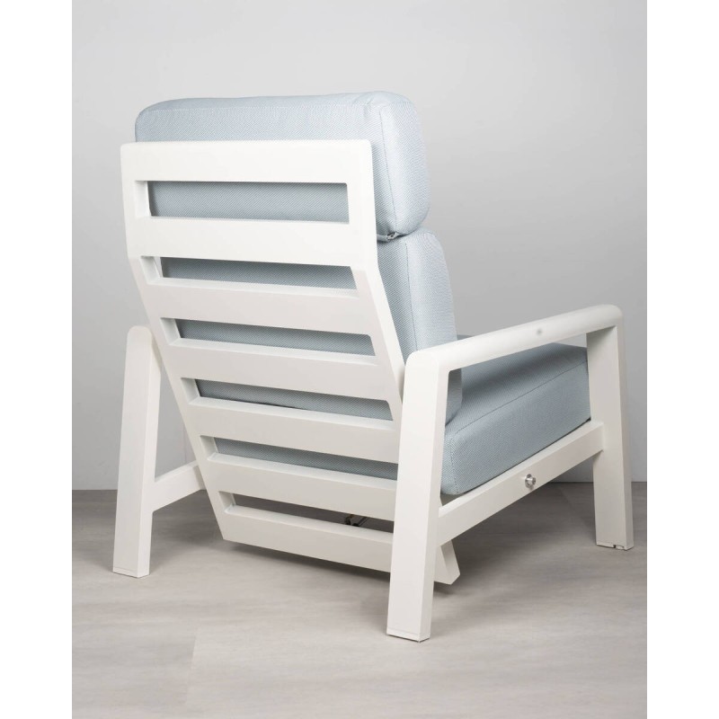 Santos armchair, white aluminum, high back and blue cushions