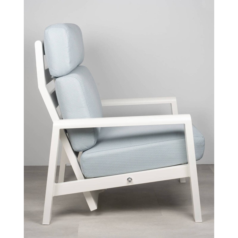 Santos armchair, white aluminum, high back and blue cushions
