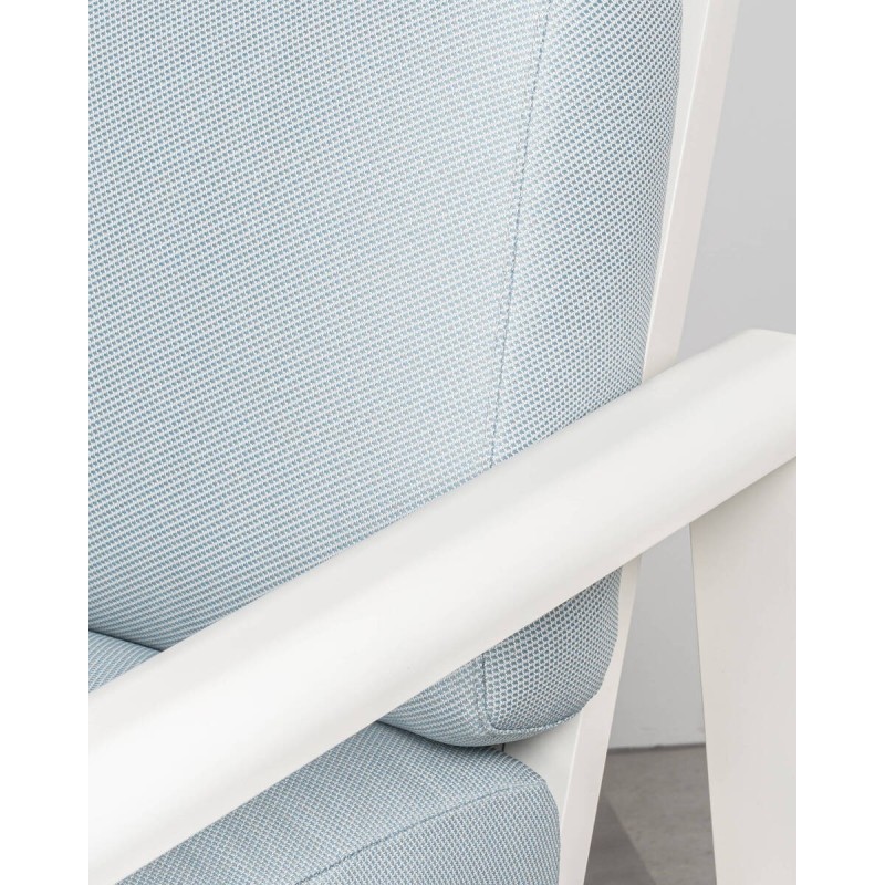 Santos armchair, white aluminum, high back and blue cushions