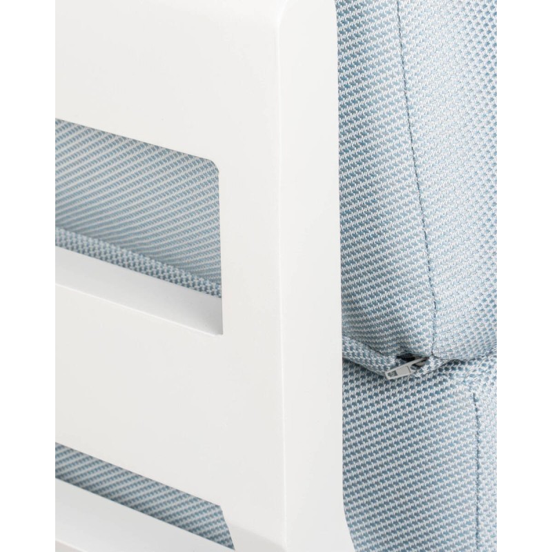 Santos armchair, white aluminum, high back and blue cushions