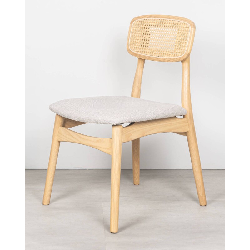 Silla de comedor fresno y ratán · asiento tapizado