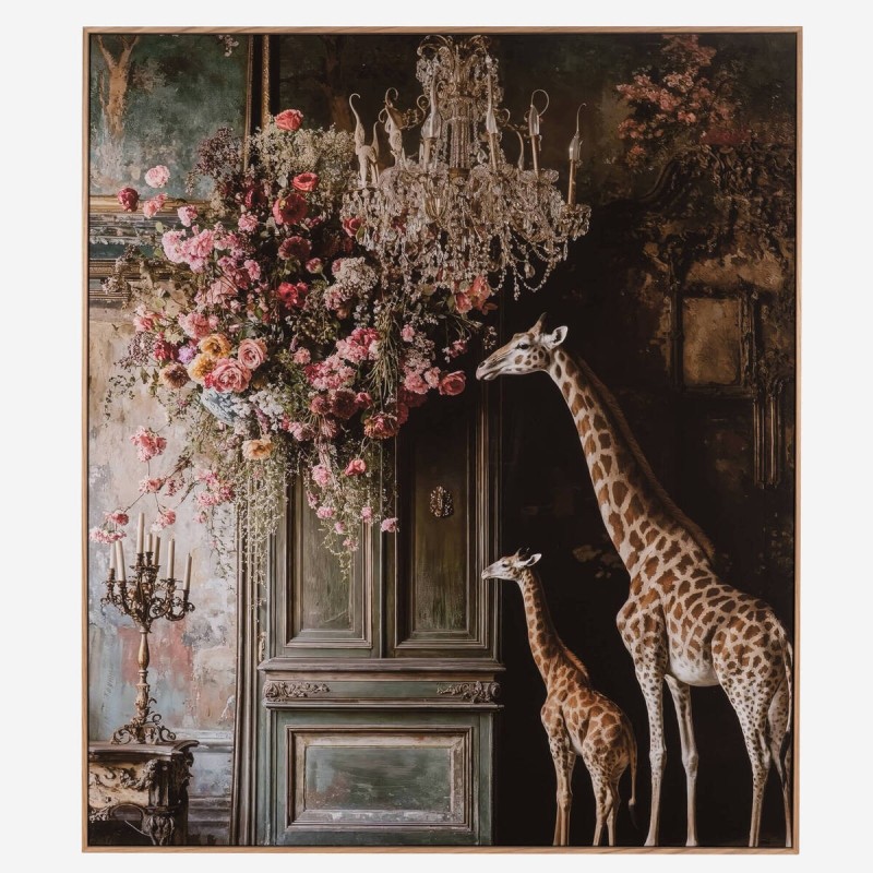 Lienzo Jirafas en Interior Clásico con Flores 120x140 cm