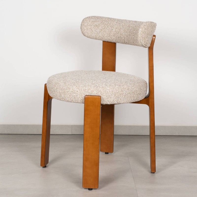 Silla de Comedor Turca Tapizada en Bouclé Crema con Patas de Madera de Haya en Nogal
