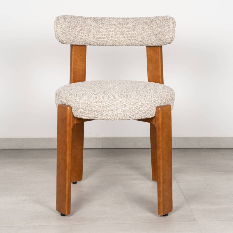 Silla de Comedor Turca Tapizada en Bouclé Crema con Patas de Madera de Haya en Nogal