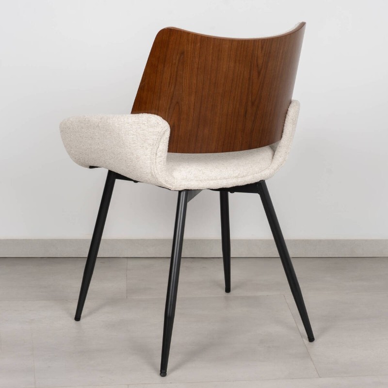 Silla de Comedor Persa Tapizada en Bouclé Crema con Respaldo de Nogal y Patas Negras