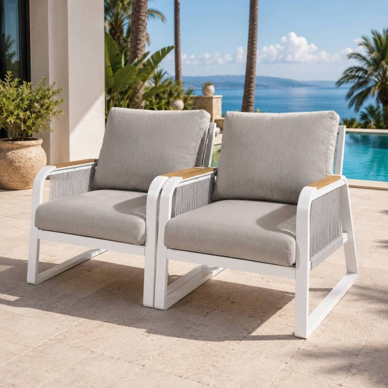 Soraya outdoor armchair, white aluminum and teak wood, 72x83x88cm
