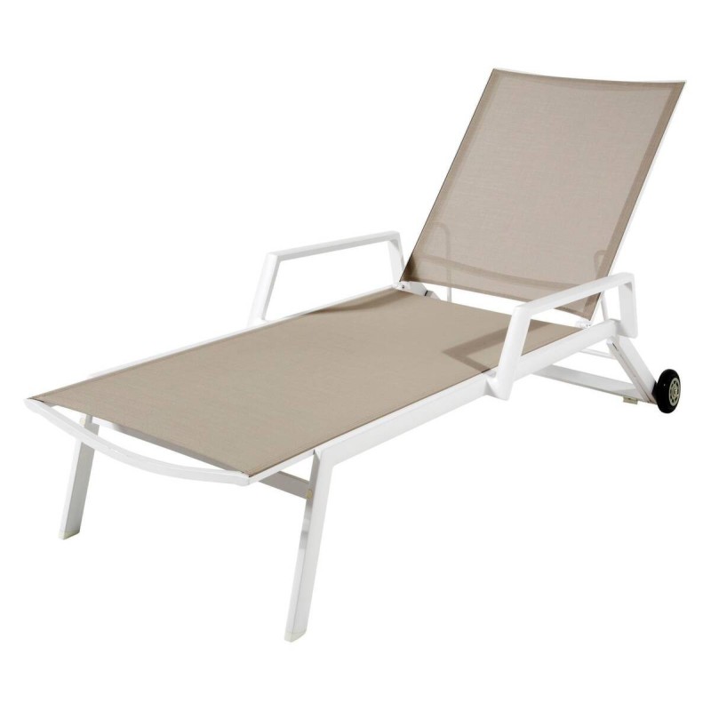 Outdoor sun lounger with armrests, white aluminum – khaki textilene, 194x75x92cm