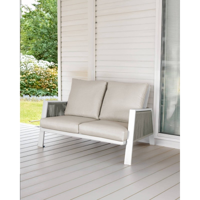 Two-seater outdoor sofa, white aluminum and light grey rope, 134x93x85cm
