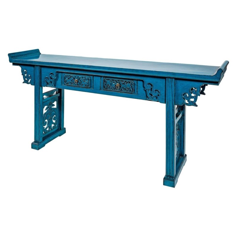 Oriental style console table - entryway table with 2 drawers, petrol blue color, 230x49x93cm