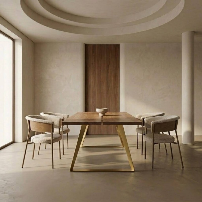 Basni rectangular dining table in walnut wood - gold metal legs 178x102x76cm