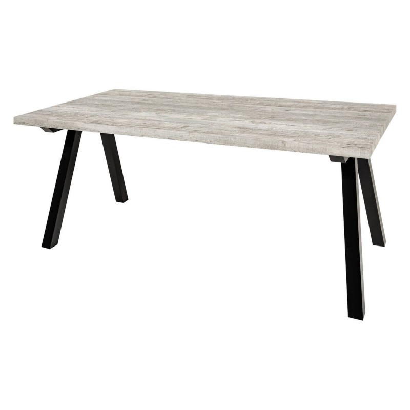 Dining table with gray wood-patterned MDF top and black legs, 180x90x75cm
