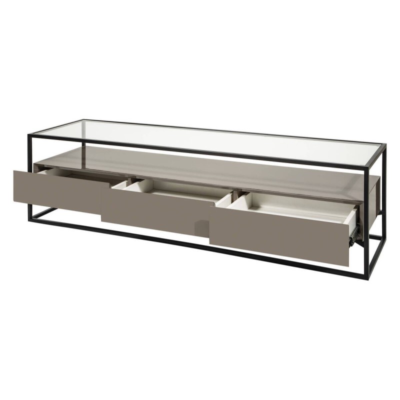 TV unit with 3 drawers, glossy stone finish and black frame