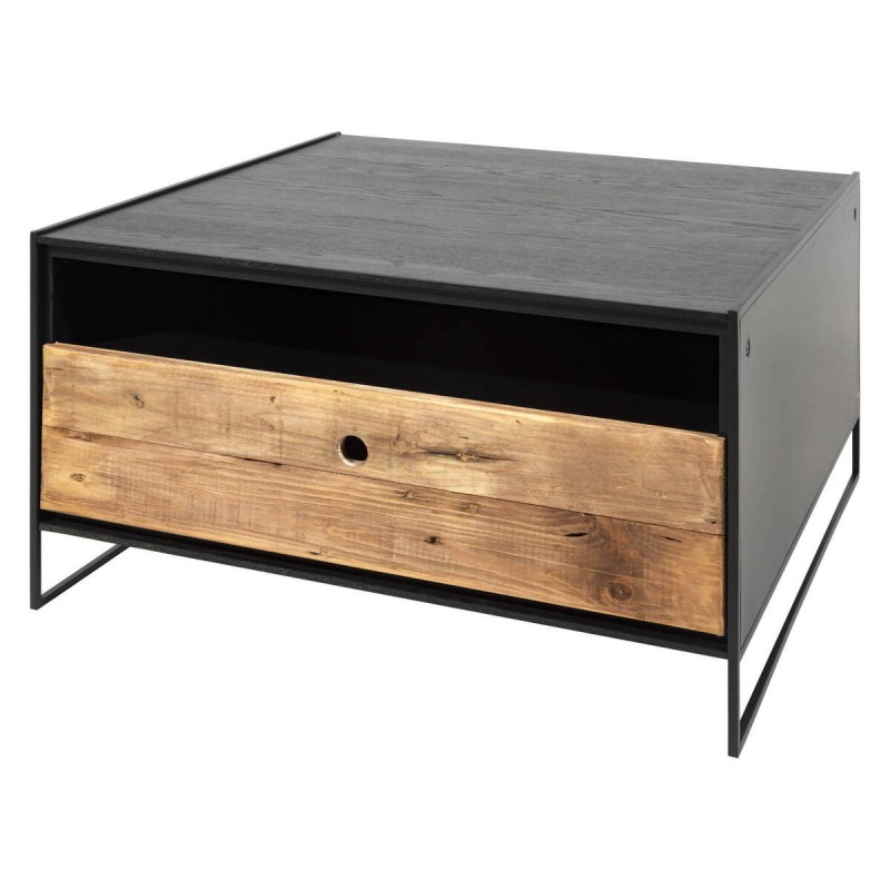 Coffee table with black frame, drawers, recycled pine wood, 80x80x43cm