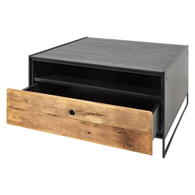 Coffee table with black frame, drawers, recycled pine wood, 80x80x43cm
