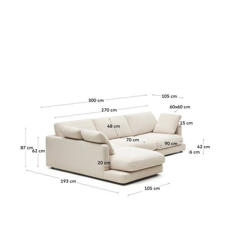 Gala 4-seater sofa in chenille with left chaise longue, beige FSC Mix Credit, 300 cm