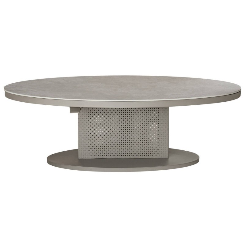 Mesa de centro elevable ovalada de aluminio gris y tapa de cristal piedra 150x90x51/72cm