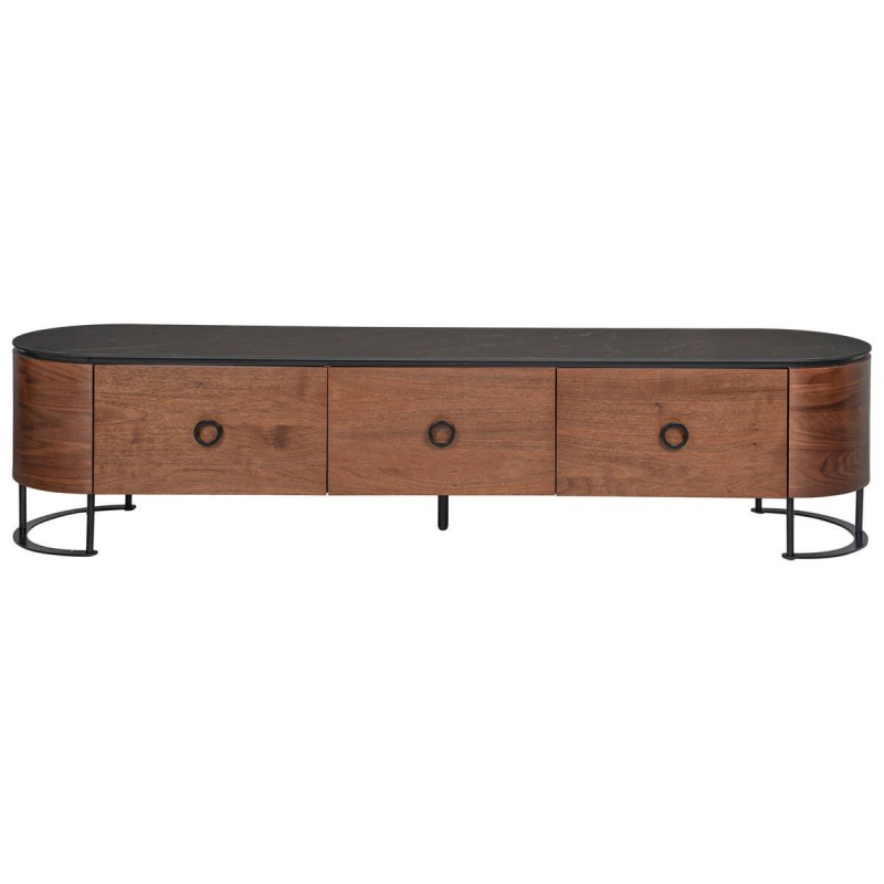 Walnut veneer TV stand with ceramic top and iron base 200x47x47cm