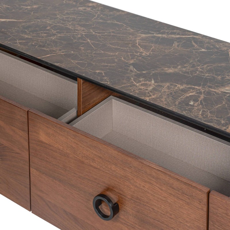 Walnut veneer TV stand with ceramic top and iron base 200x47x47cm