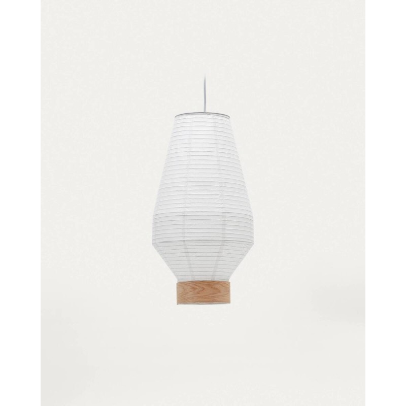 Ceiling lampshade made of white paper and oak veneer, 30x50cm
