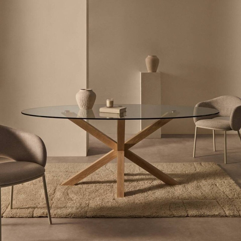 Mesa ovalada Argo de cristal transparente 200 x 100 cm con patas metálicas color madera
