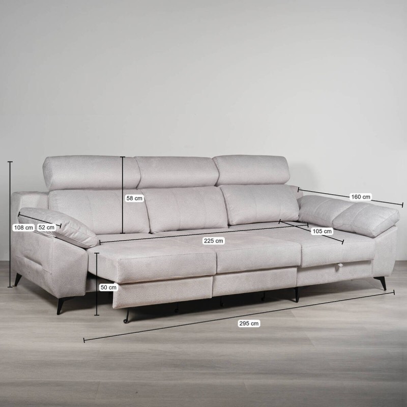 Tajo sofa 295 cm with sliding right chaise longue and reclining headrests