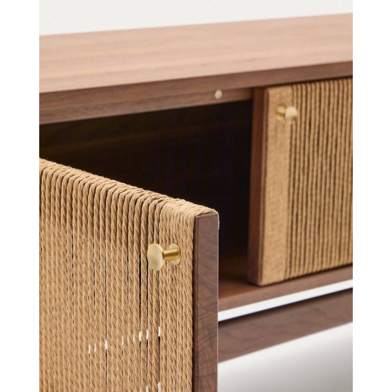 Elan TV unit with 3 doors, solid walnut veneer and rope, 200x40x50cm