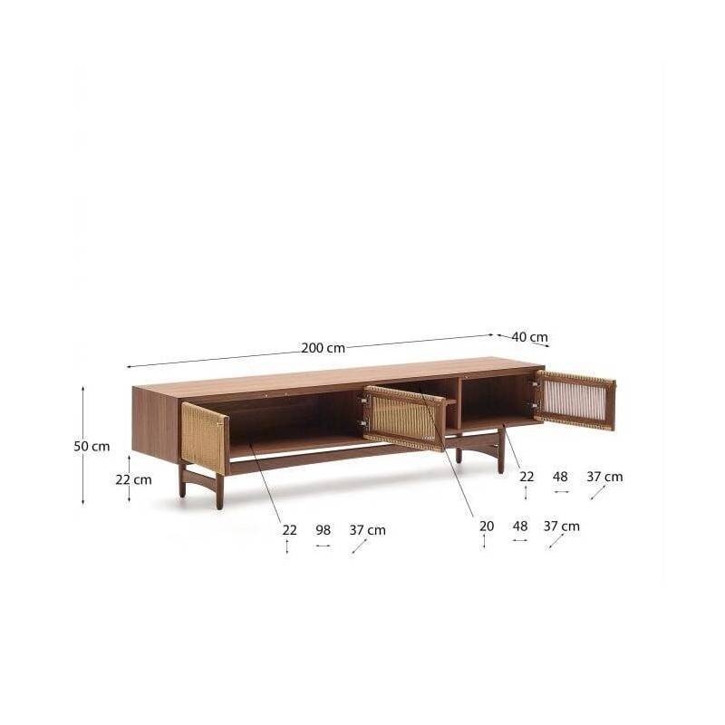 Elan TV unit with 3 doors, solid walnut veneer and rope, 200x40x50cm