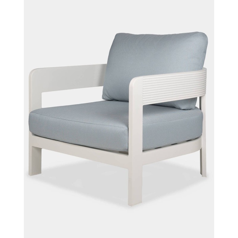 Sillón ripple de aluminio blanco y cojines azules 80x75x78cm