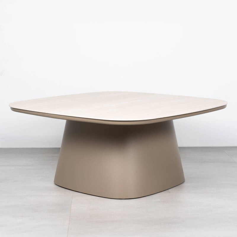 Mesa de Centro Roma Cerámica Efecto Travertino y Aluminio Taupe 90 cm