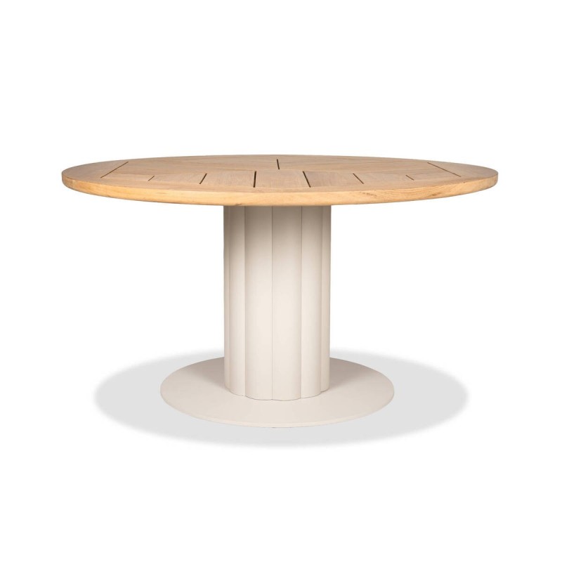 Ondara outdoor dining table with teak top and taupe aluminum base, 140x75cm