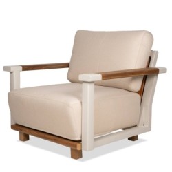 Rio outdoor armchair in beige aluminum and teak wood with faux leather backrest