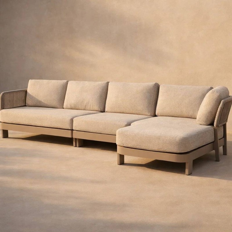 Cayenne sofa, right chaise longue, outdoor, taupe aluminum and rope, 310x90x81cm