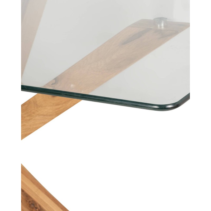 Mesa cendra de comedor de tapa de cristal y patas cruzadas de roble 160x90x75cm
