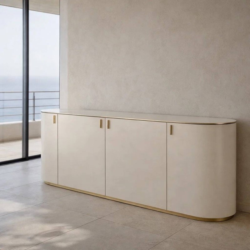 Oval sideboard, light grey lacquered with gold details, 174x47x82cm