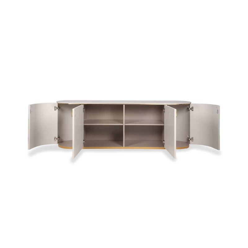 Mueble tv hera ovalado y lacado gris claro con detalles dorados 174x47x61cm