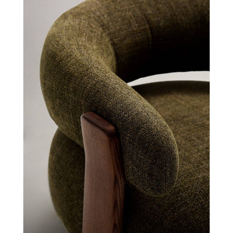 Granite armchair in green chenille and ash wood legs with walnut finish 83x86x67cm