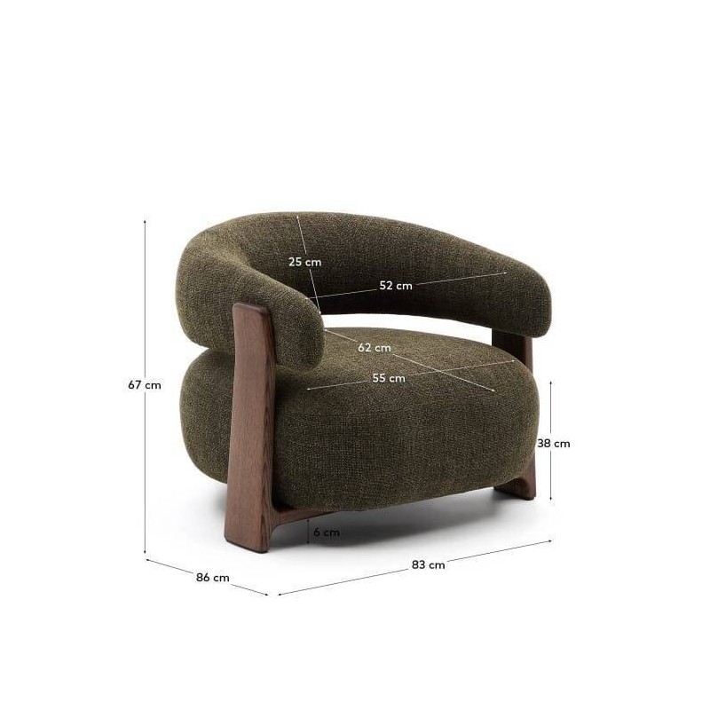 Granite armchair in green chenille and ash wood legs with walnut finish 83x86x67cm