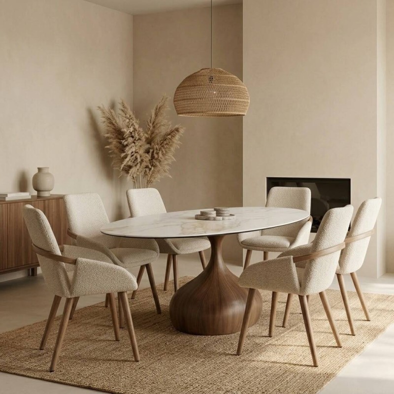 Kaura oval dining table with white ceramic top and walnut wood base, 240cm