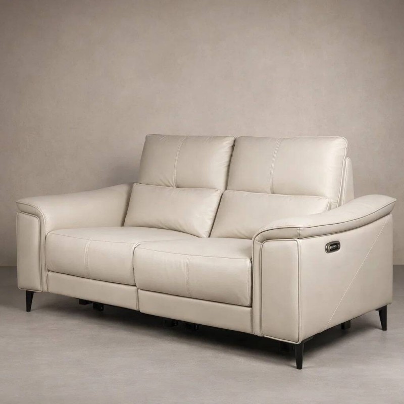 Astor 2-seater electric reclining sofa in beige leather with extendable footrest